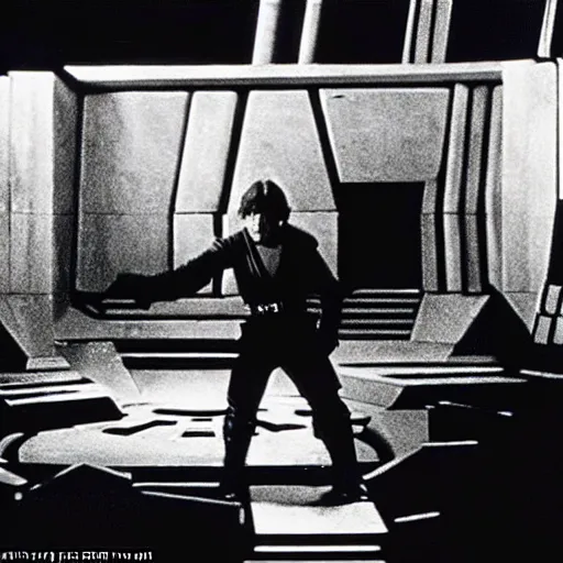 Prompt: Luke Skywalker attempts to stop the Death Star in the silent movie version of Star Wars (1921) by Fritz Lang, in front of a set reminiscent of Metropolis