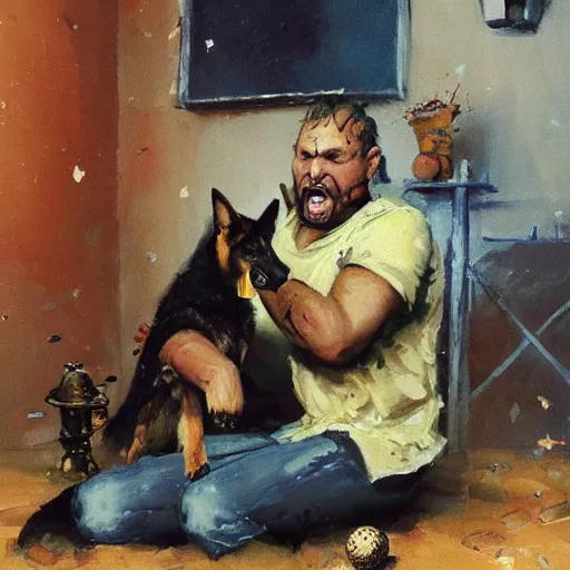 Image similar to a humanoid german shepherd beast - man, sitting and watching a soccer match in his house on television, he has hurt his knee and is a dad, by erin hanson, alexi zaitsev, karl spitzweg, award winning, tv set