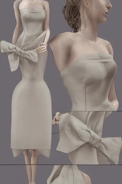 Prompt: a bow - knot strapless asymmetric dress dress, costume design, draping, 8 k hd, hyper detailed, cinematic, realistic