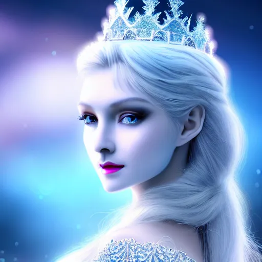 Prompt: photo of a real-life very beautiful! ice queen, highly detailed, 4k,