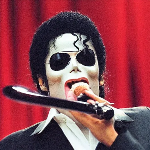 Image similar to Michael Jackson with a horn as mouth, horn in the place of mouth, horn mouth