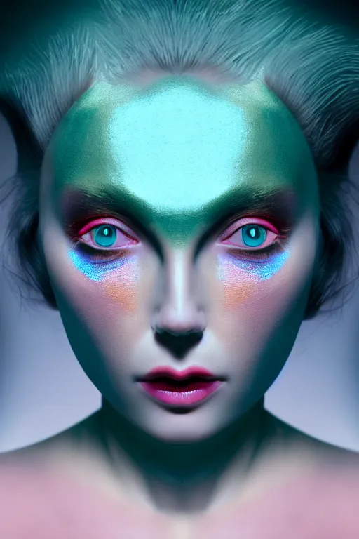 Image similar to neo-surrealist very detailed rococo close-up portrait of woman with iridescent eyes and pink mouth matte painting concept art key sage very dramatic dark teal lighting side angle hd 35mm shallow depth of field 8k