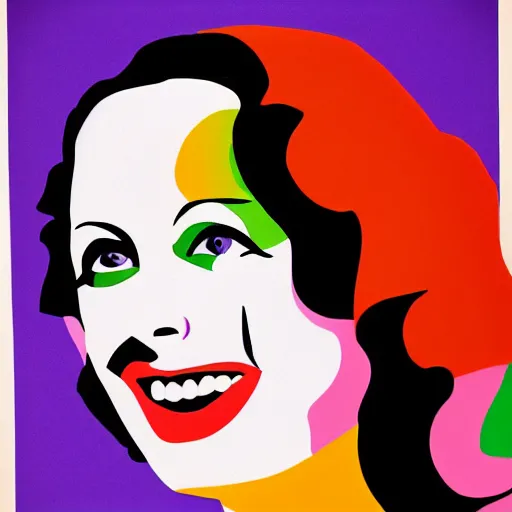 Image similar to rainbow smiling happy hedy lamarr. pop art.