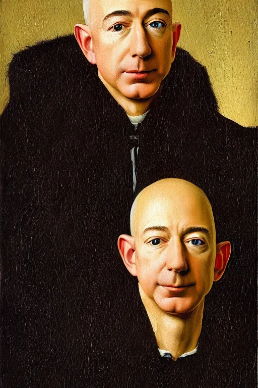 Image similar to portrait of jeff bezos!!! oil painting by jan van eyck, northern renaissance art, oil on canvas, wet - on - wet technique, realistic, expressive emotions, intricate textures, illusionistic detail