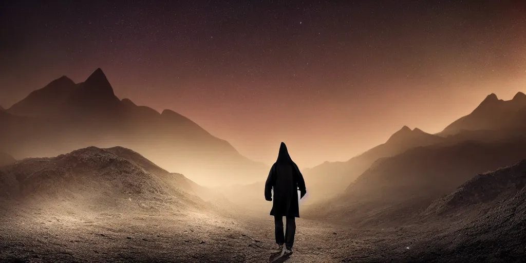 Prompt: a photographic picture of a man in a dark hood walking towards a cosmic mountain, photographic filter, unreal engine 5, realistic, hyperdetailed, 8 k, cinematic, volumetric lighting, very realistic effect, hd, hdr, 4 k, sharp focus, octane render, ultra detailed, high resolution, trending on artstation in the style of albert dros glowing rich colors powerful imagery