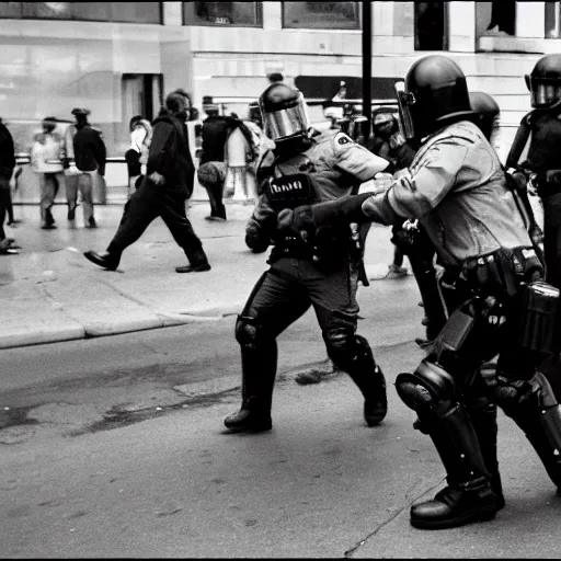 Prompt: a riot cop beating a bear, leica m 9, voigtlander 3 5 mm, 1 9 6 0 s