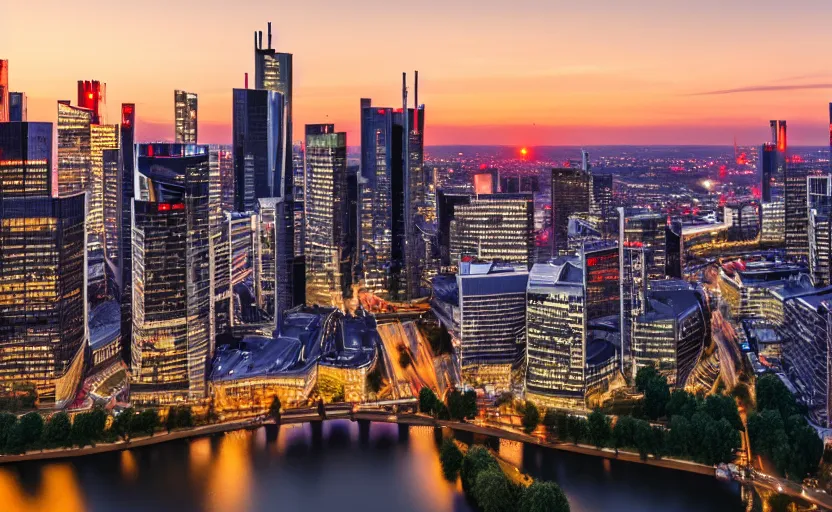 Image similar to frankfurt skyline at sunset, highly detailed, 8 k