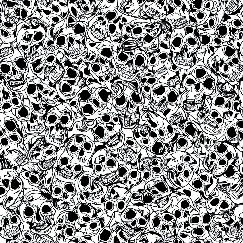 Image similar to seamless pattern showing skulls. black and white, drawing, white background, seamless, ornament.