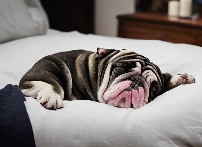 Prompt: a closeup, 4 5 mm, portrait of a sleeping english bulldog in a bed, on a pillow, candle light, 4 5 mm, by franz lanting