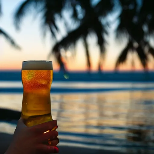 Image similar to a happy crab holding a beer in a beach, golden hour, bokeh, 4k