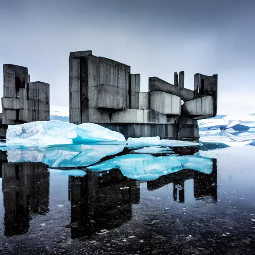Image similar to antarctic landscape filled with brutalist architecture, sprawling, castles, urban decay, bustling