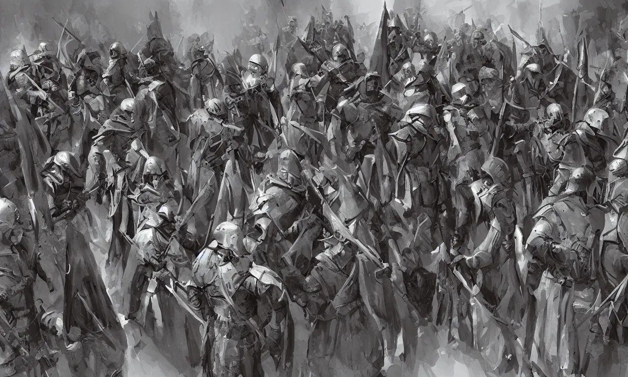 Prompt: medieval soldiers, in line, blue flagg, digital art, illustration, fantasy, sketch, dark