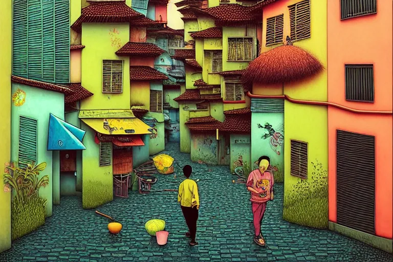 Prompt: surreal glimpse into other universe, penang shophouses, summer morning, very coherent and colorful high contrast, art by!!!! gediminas pranckevicius!!!!, geof darrow, floralpunk screen printing woodblock, dark shadows, hard lighting, stipple brush technique,