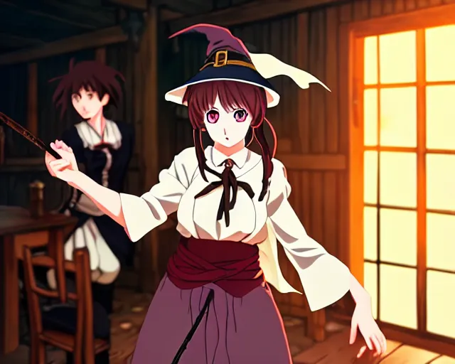 Image similar to key anime visual portrait of a young female witch in a tavern interior defending a companion, dynamic pose, dynamic perspective, cinematic, dramatic lighting.