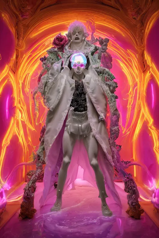 Image similar to photo of fullbody rococo and cyberpunk delicate neon crystalline sculpture of handsome muscular onyx albino marble prince joe jonas as an mint iridescent humanoid deity wearing pink plastic hooded cloak holding an onyx skull in a onyx space dungeon, reclining, glowing yellow face, crown of white diamonds, cinematic lighting, photorealistic, octane render, 8 k, depth of field, 3 d