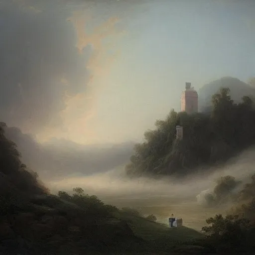 Image similar to an impossibly large tower rising from a sea of mist,evocative,romanticism landscape painting