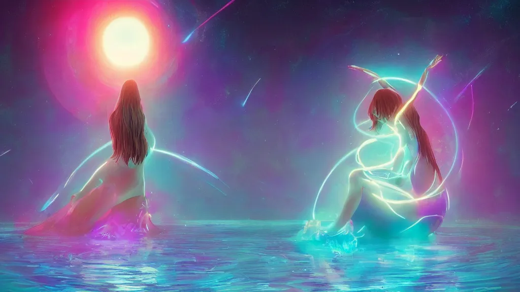 Image similar to one beautiful whimsical goddess standing in a lake basking in the moonlight, underneath a multi-colored binary blackhole with an accretion disc, glowing trails following her arms, synthwave, by Lois van Baarle, by Greg Rutkowski, by artgerm, by beeple, by studio ghibli, cinematic angle, volumetric lighting, 4k resolution, octane render, trending on artstation, masterpiece