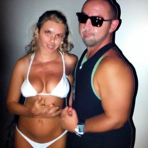 Prompt: photo of a 4 0 year old man that looks old for his age dating a very ugly 2 2 year old woman wearing a bikini. they are at a high end club.