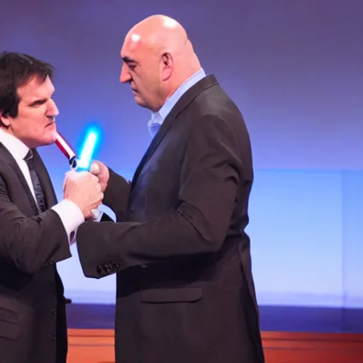 Image similar to Jedi Kevin O'Leary cutting Mark Cuban flesh with a lightsaber, in Shark Tank (2016)