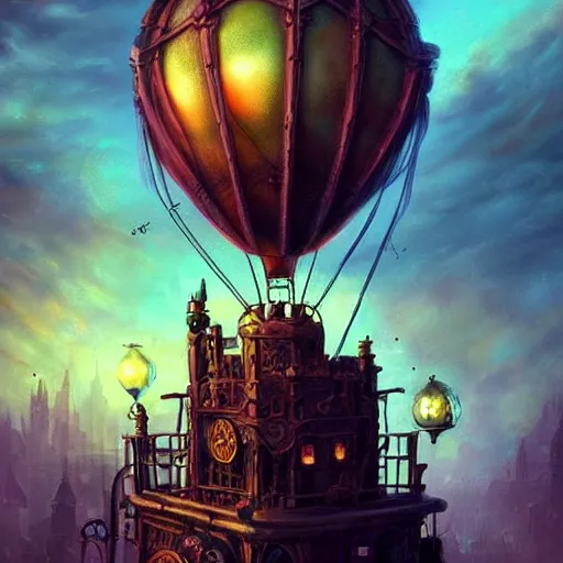 Image similar to a beautiful stunning fantasy whimsical matte digital illustration of a scene of a steampunk! hot - air balloon over a lit steampunk! city at night by marc simonetti, pastel color palette, disney magic the gathering steampunk!!!, chiaroscuro magical! bokeh moon stars dramatic romantic! epic breathtaking, clock tower,, trending on artstation hq, masterpiece