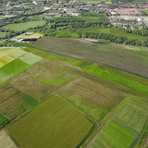 Prompt: a beautiful meadow in the middle of the coal district, aerial view,