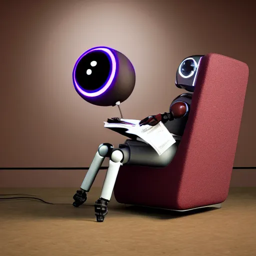 Image similar to futuristic studious matte brown and red and chrome full-body humanoid robot with two huge round expressive sad purple glowing LED eyes and open rectangular mouth sitting on a large comfortable cushioned 1950s vintage recliner reading a newspaper. open newspaper. Cinematic Movie Photograph, Arri Alexa, Extremely Detailed, smooth, very very clean, 8K, octane render, maya render, unreal engine, trending on artstation, DSLR, excellent composition, center frame