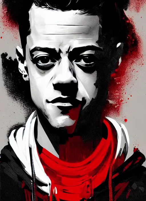 Image similar to highly detailed closeup portrait of rami malek, elliot alderson, black hoody by atey ghailan, by greg rutkowski, by greg tocchini, by james gilleard, by joe fenton, by kaethe butcher, gradient red, black and white color scheme, grunge aesthetic!!! ( ( graffiti tag wall background ) )