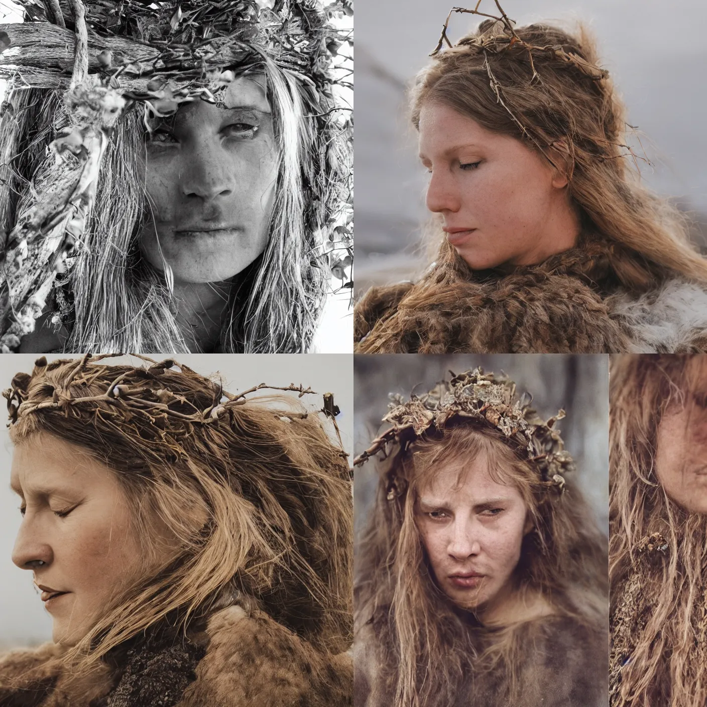 Prompt: An head and shoulder front face portrait photography of a Viking woman wearing a twig crown by Annie Leibovitz. eyes closed. Studio portrait. Kodak Color Plus 800 film. Sunshine. Icelandic mood. detailed. hq. realistic. warm light. muted colors. lens flare. Glare and bloom. photoreal. Medium format photography. Golden hour. Leica M9.