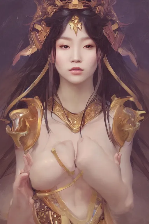 Image similar to A portrait of a female korean model as Ishtar the goddess of love, Stjepan Sejic, Ruan Jia, and Mandy Jurgens, and Artgerm, and william adolphe bouguereau, highly detailed, trending on artstation, award winning