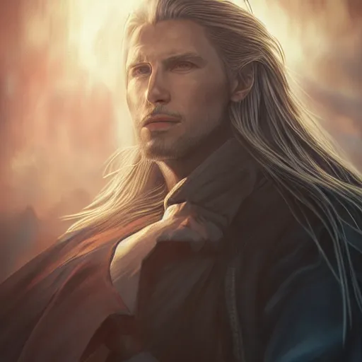 Image similar to menacing sephiroth portrait, atmospheric lighting, painted, intricate, volumetric lighting, beautiful, rich deep colors masterpiece, golden hour, sharp focus, ultra detailed, by leesha hannigan, ross tran, thierry doizon, kai carpenter, ignacio fernandez rios