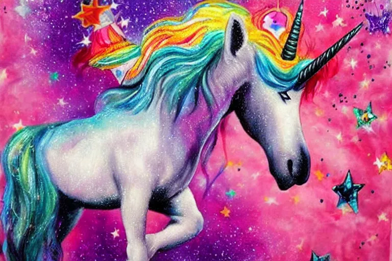 Image similar to the most horrible unicorn art imaginable, airbrush, sparkles, trashy