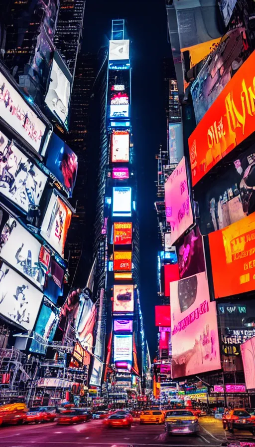 Image similar to 8k high resolution photograph of cyber punk New York Times Square at night, futuristic