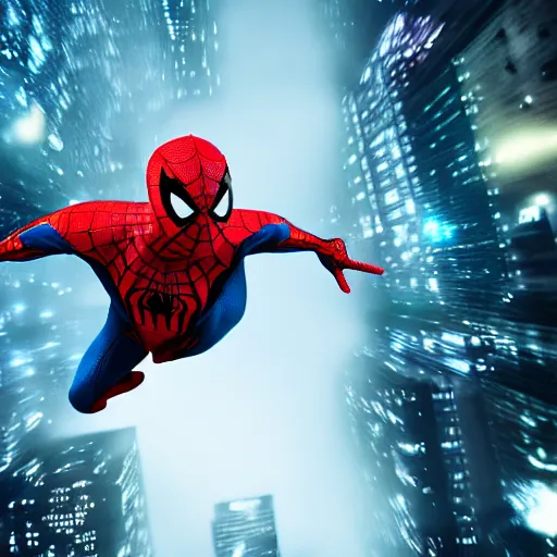 Prompt: A hyperdetailed photograph of Spider-Man swinging through the skies of a cyberpunk, futuristic city, night, dense fog, rain, HD, 8K resolution