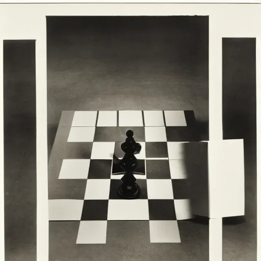 Prompt: A chessboard connected to a machine in a vast white room, Marcel Duchamp, Irving Penn, occult cyberpunk, 1919