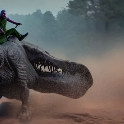 Prompt: cinematic shot of the joker riding on a t - rex in the wild, 8 k, very detailed,