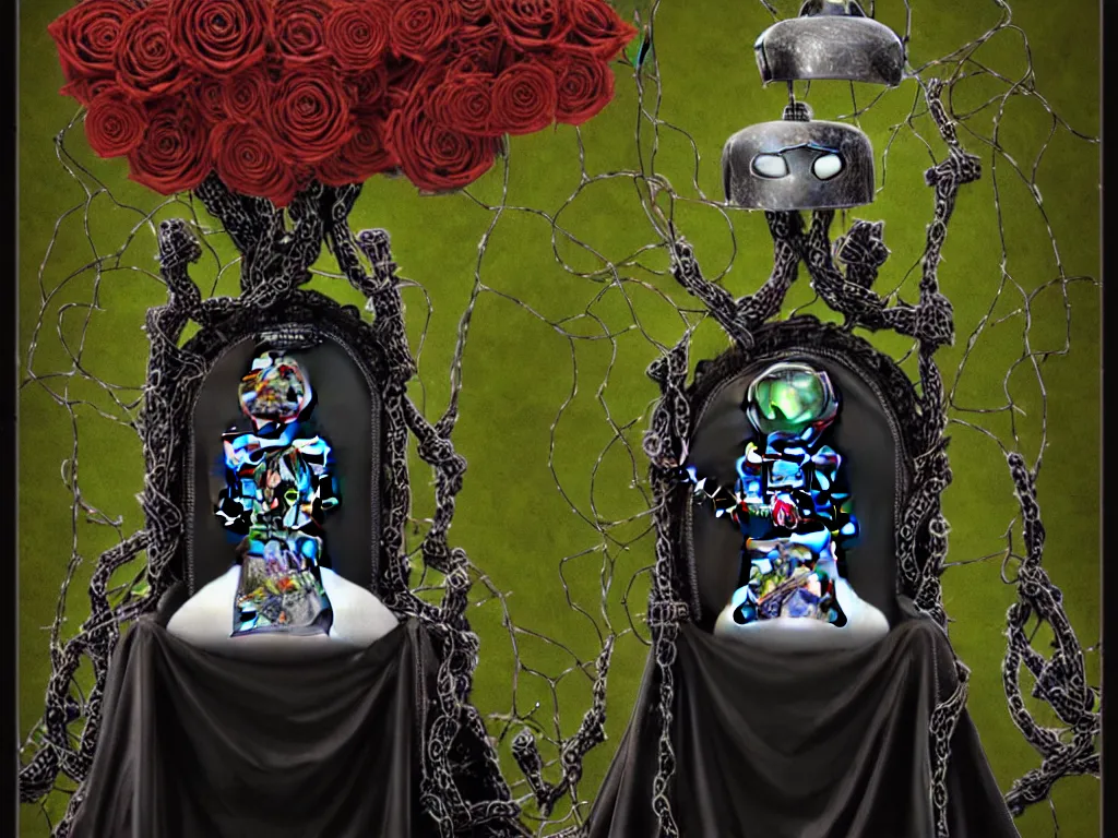 Image similar to robot helmet on a throne, roses with vines dripping black liquid, tarot card with ornate border frame, ornamented flowing jewelry, 4k, trending on artstation, hyper realistic, photorealistic, volumetric lighting, in the style of michael cheval,