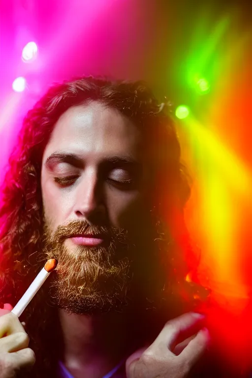 Image similar to studio photo of jesus smoking weed, colorful lighting, bokeh, 3 5 mm, dramatic ligting,