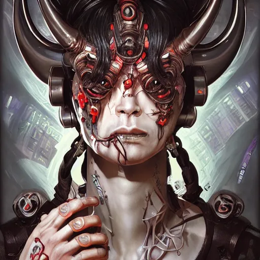 Image similar to portrait, cyberpunk japanese oni demon with horns and circuitry, augmented, stern expression, long hair, highly detailed, digital painting, artstation, concept art, smooth, sharp focus, illustration, artgerm, tomasz alen kopera, peter mohrbacher, donato giancola, joseph christian leyendecker, wlop, frank frazetta