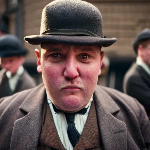 Image similar to closeup portrait of obese peaky blinders in a new york street, by Steve McCurry and David Lazar, natural light, detailed face, CANON Eos C300, ƒ1.8, 35mm, 8K, medium-format print