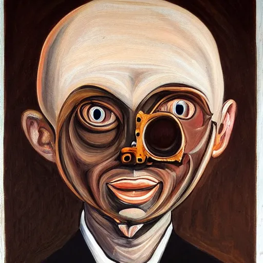 Prompt: a painting of a humanoid espresso machine contorted into a human face, two eyes, a nose, that makes coffee from human souls