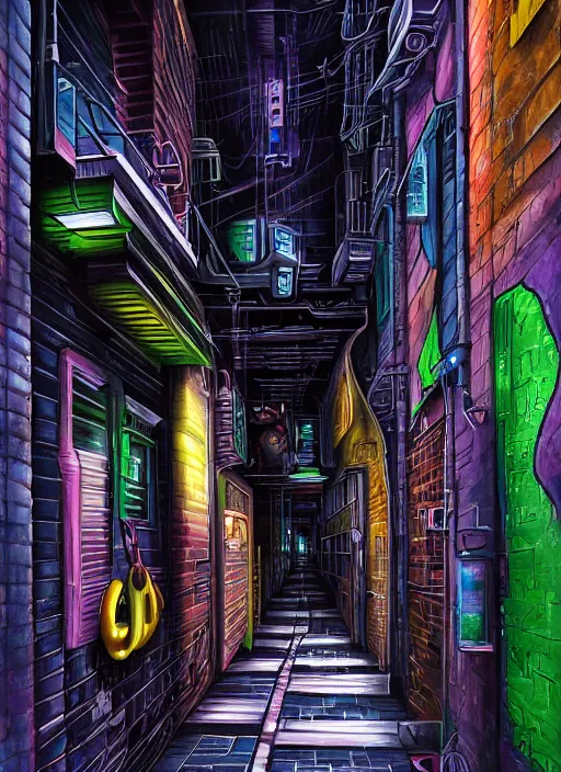Image similar to airbrushed painting of a cyberpunk alleyway