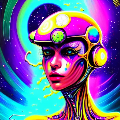 Image similar to A space pirate girl having an extremely colorful psychedelic experience in outerspace, warping time and space, magic mushrooms, psilocybin, LSD, face, space helmet, futuristic, detailed, intricate, elegant, highly detailed, digital painting, artstation, concept art, smooth, sharp focus, illustration, art by Krenz Cushart and Artem Demura and Alphonse Mucha
