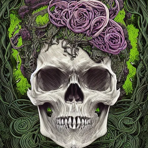 Prompt: overgrown skull inspired by René Laloux,Dan Mumford,twisted ivy vines,moss,black roses