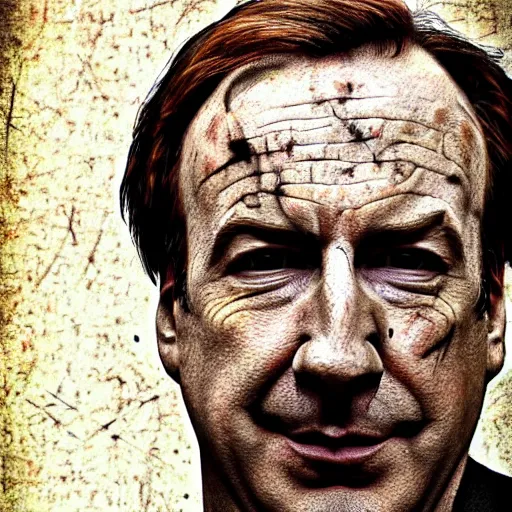 Image similar to a low resolution messy colorized mugshot of saul goodman, grainy, messy, grunged up, low resolution, low quality, realistic, hyperrealistic, 8 k resolution, hd quality, detailed, very detailed, highly detailed, intricate details, trending on artstation, colored, colorized, really realistic, very realistic, real, real life, real world