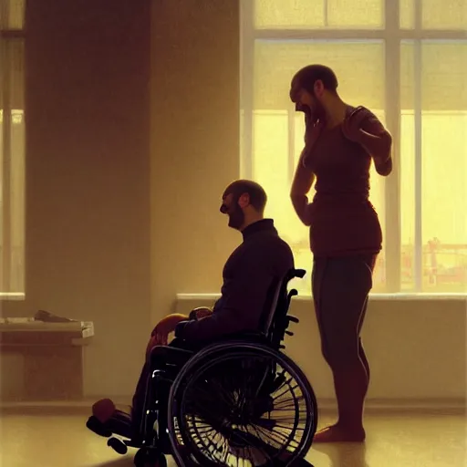 Image similar to a male patient in a wheelchair in the hospital with his wife and son standing by. happy, cheerful, smiling, intricate, face enhance, sharp focus, cinematic lighting, featured in artistation, 8 k, art by greg rutkowski, william adolphe bouguereau