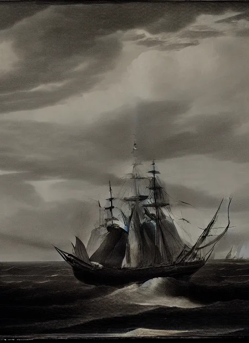 Image similar to an extremely detailed masterpiece of the sailing vessel bonhomme richard with canons discharging in early evening, in the style of george philip reinagle, epic scene, extremely moody lighting, glowing light and shadow, atmospheric, shadowy, cinematic, 4 k