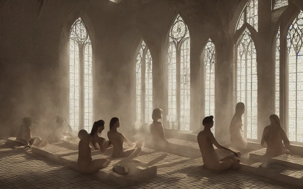 Prompt: “ women sitting in a hammam bathhouse, sheer drapes, arch slit windows, large plants, crepuscular rays, gothic, stained glass, divine, atmospheric, mist, epic, photorealistic, realistic, rule of thirds, extremely detailed, 8 k, unreal engine 5 render, rim lighting, looking through a window frame ”