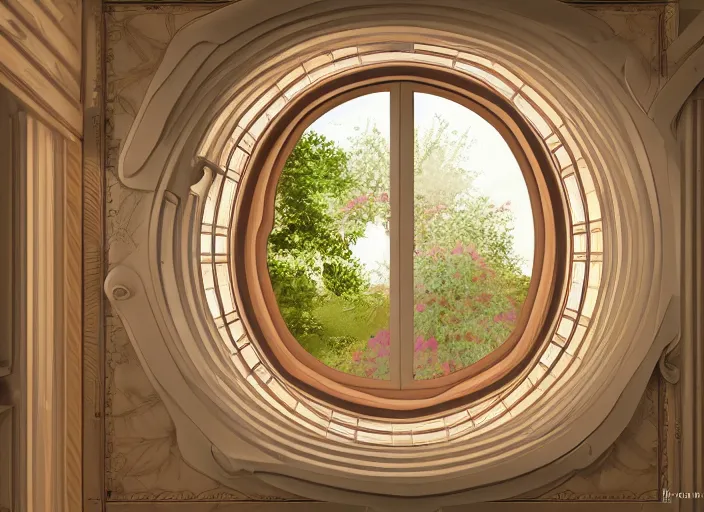 Prompt: art nouveau room with a circular window, wood details, soft lights, warm colors, a garden, arc windows, render, 8k, realistic