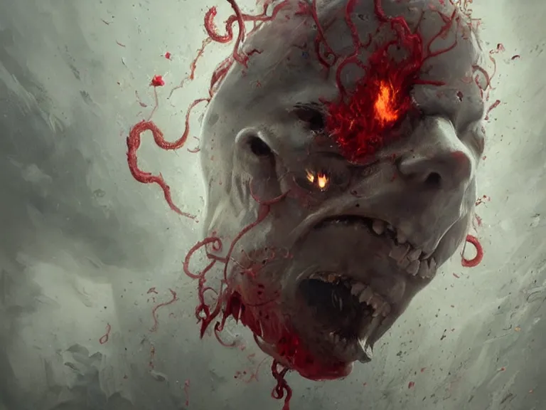 Image similar to painting by greg rutkowski of a flying human head with tears running down it's face face that is chalk white in color, with tentacles coming of the neck, fiery scorching red eyes, flying in a terrying hellish dark cavernous place