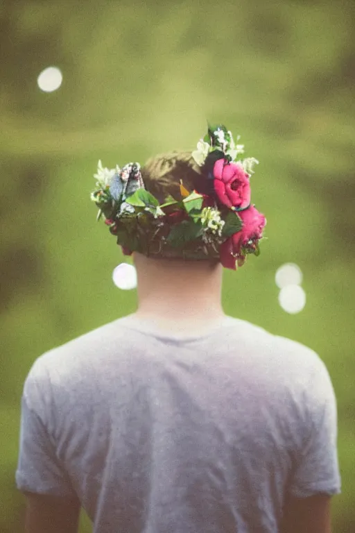 Image similar to agfa vista 4 0 0 photograph of a skinny blonde guy standing in a spotlight in a dark field, flower crown, back view, grain, moody lighting, moody vibe, telephoto, 9 0 s vibe, blurry background, vaporwave colors!, faded!,